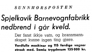 Photograph of a newspaper article reporting on the fire at the Spjelkavik Baby Carriage Factory."