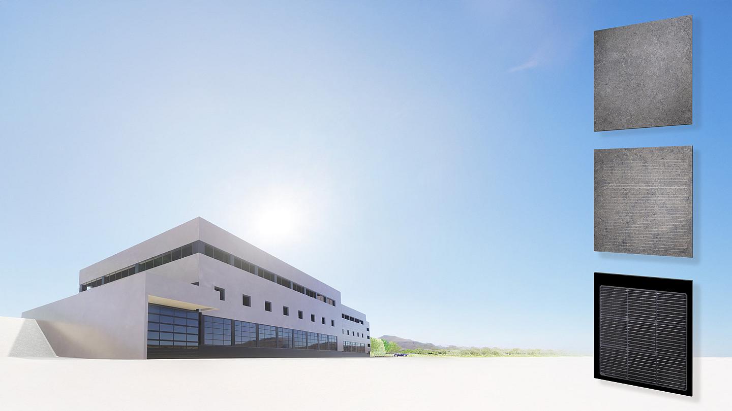 Modern bygning med solcellepaneler, tre typer av panelmaterialer på høyre – en solid, en med linjer og en med nettmønster.